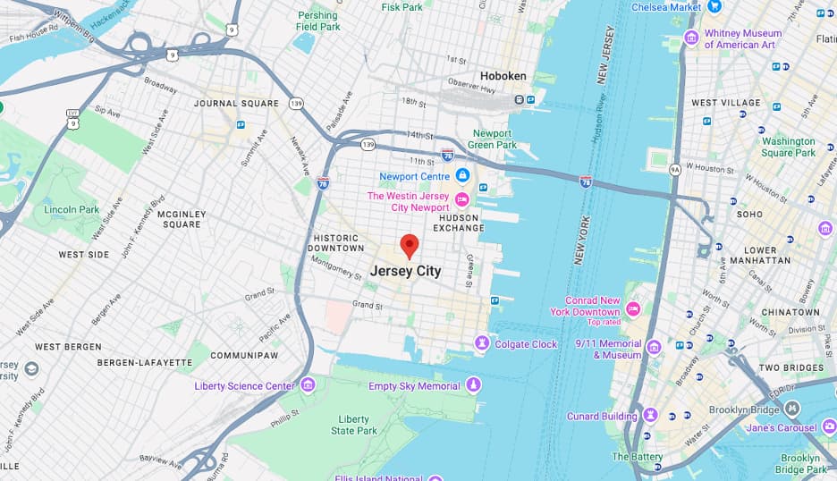 Map showing the Jersey City office location near Grove Street