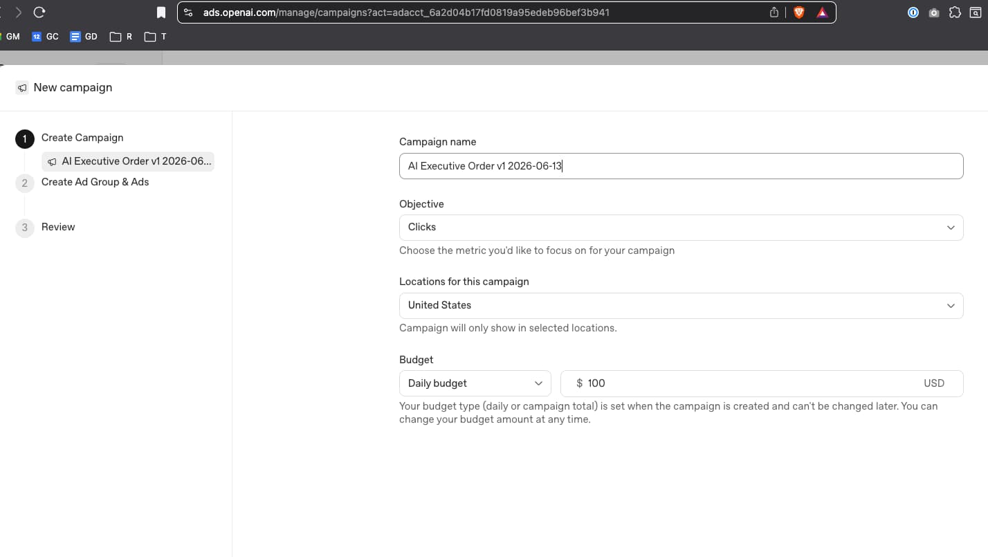 OpenAI Ads Manager campaign setup screen